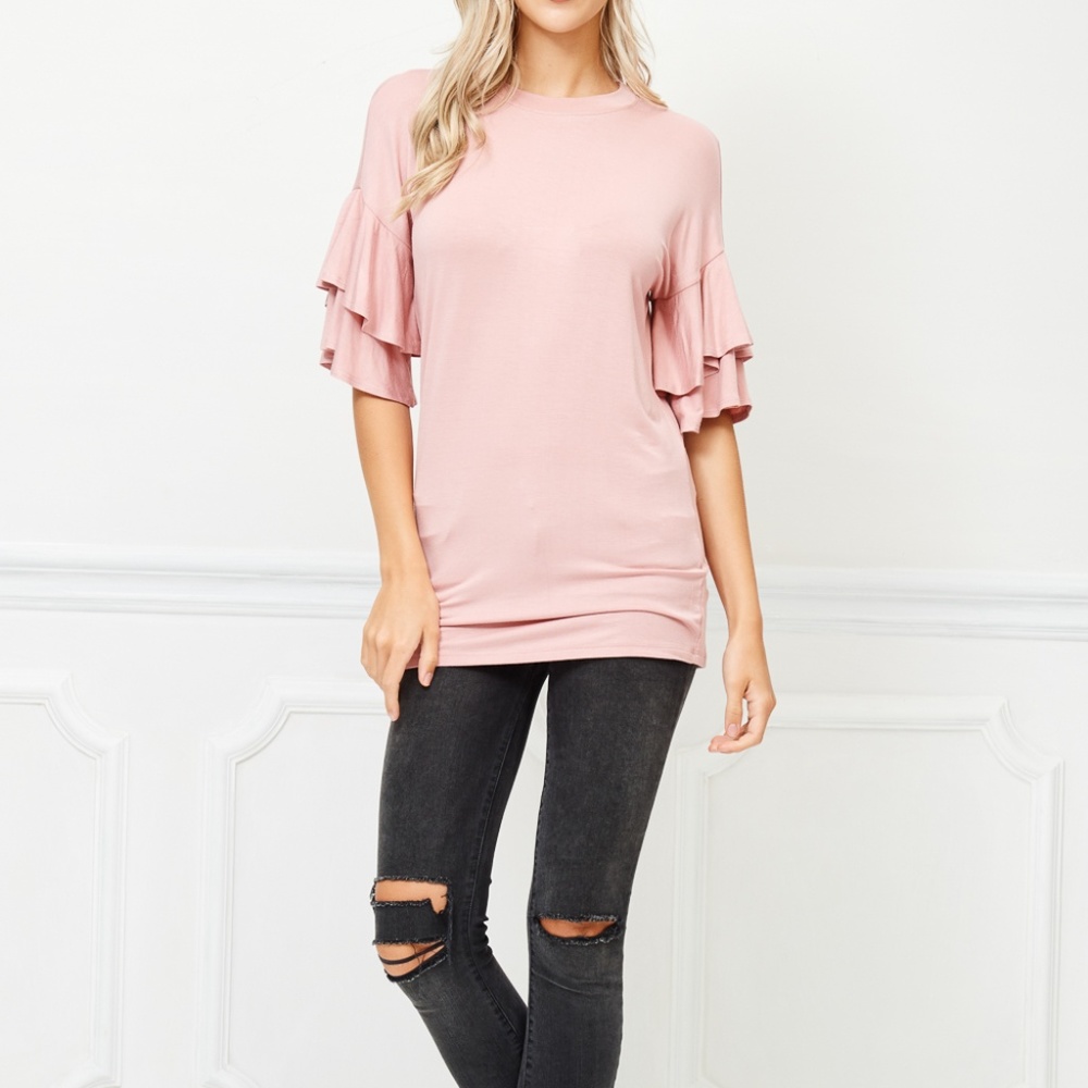 "ROUND NECK RUFFLE SLEEVE TOP" - Picture 2 of 6
